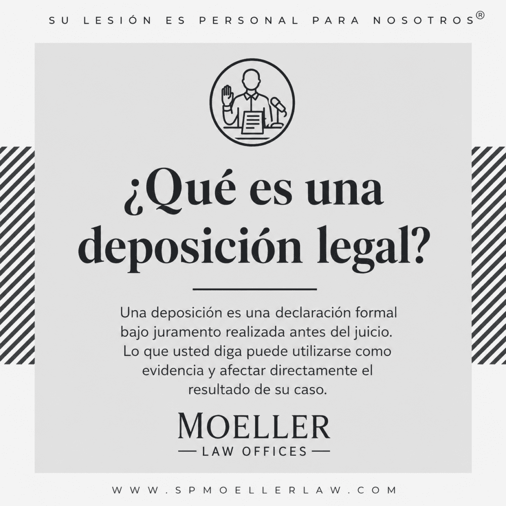 Infografía legal en español que explica qué es una deposición legal, una declaración formal bajo juramento utilizada como evidencia en casos civiles en Estados Unidos.