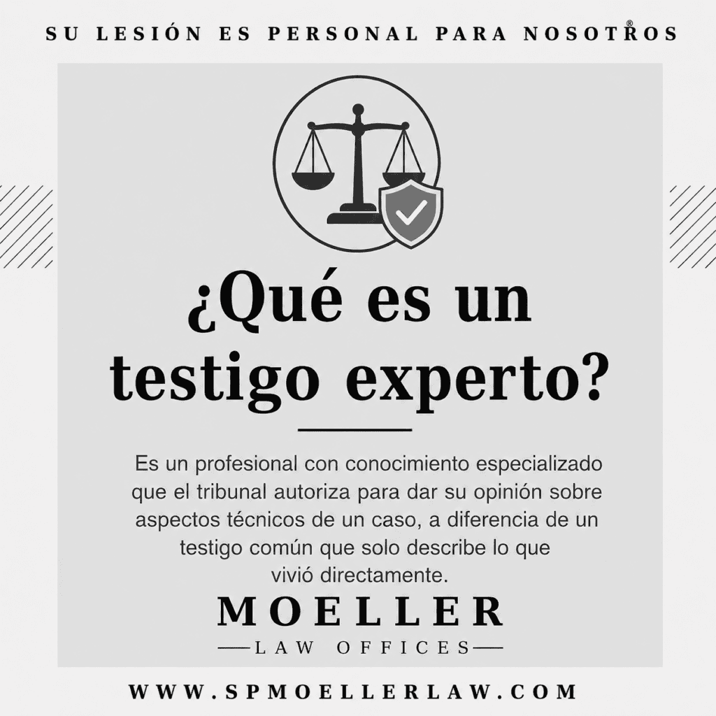 Infografía legal explicando qué es un testigo experto y su función en un caso de lesiones personales.