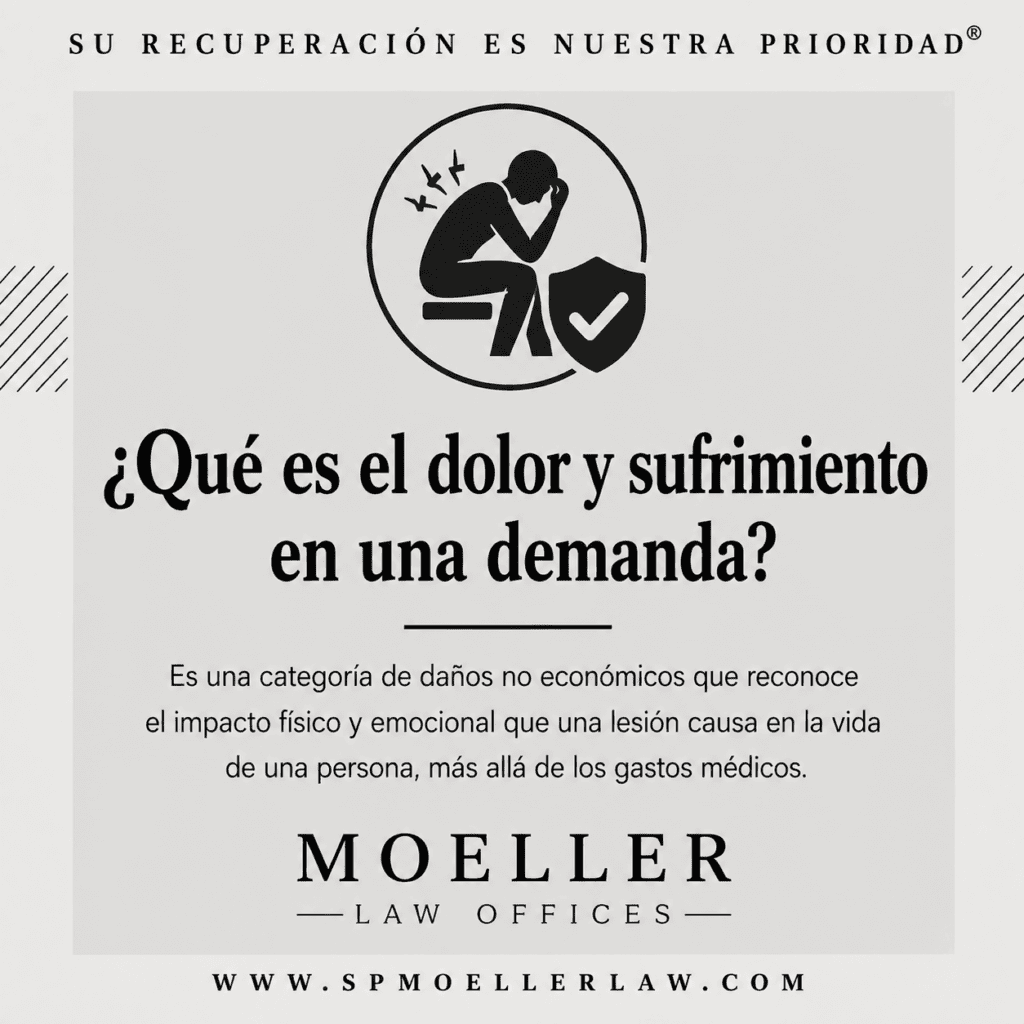 Gráfico de Moeller Law Offices que explica qué es el dolor y sufrimiento en una demanda por lesiones personales como parte de los daños no económicos.