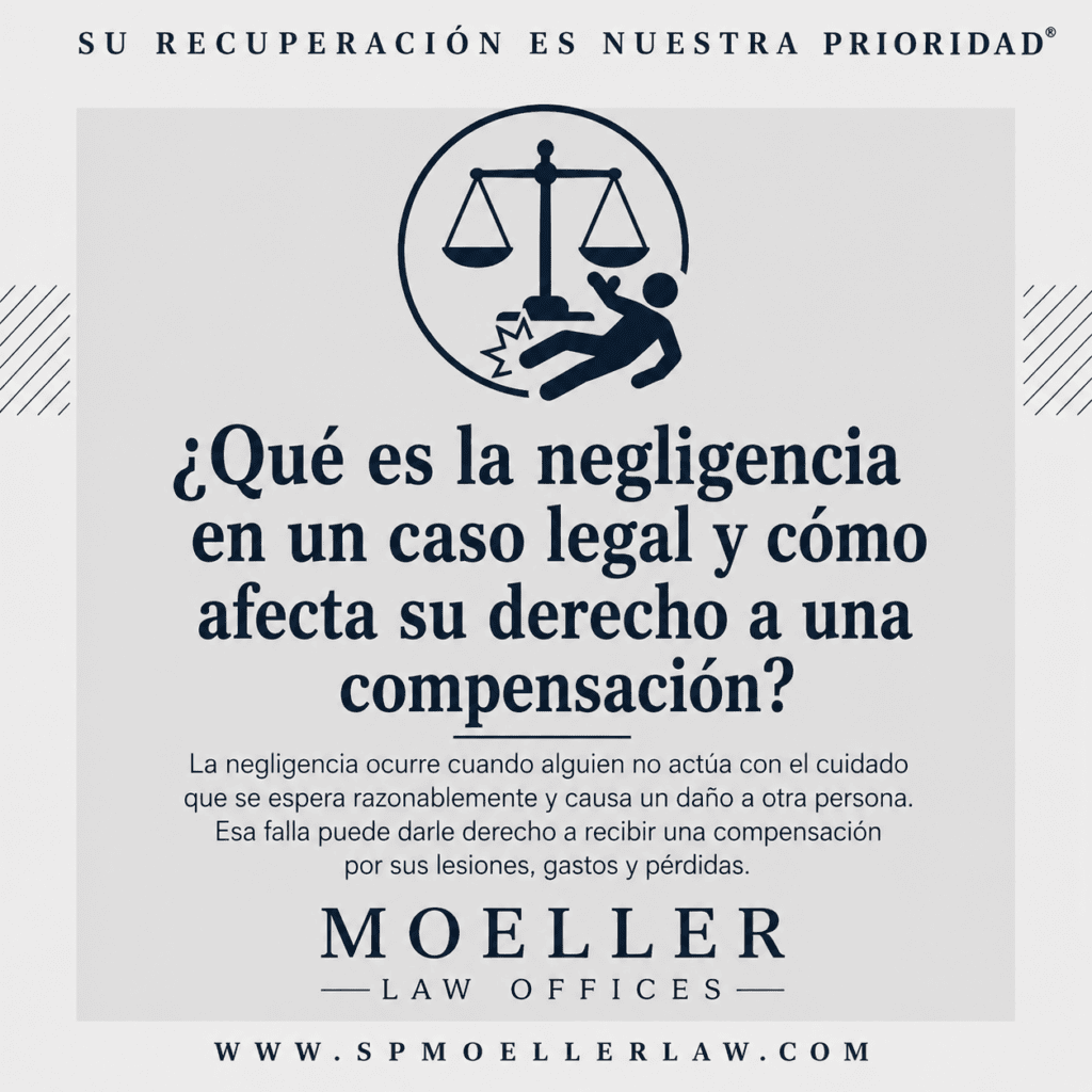 Gráfico de Moeller Law Offices que explica qué es la negligencia en un caso legal y cómo puede afectar el derecho de una persona a recibir compensación por lesiones, gastos y pérdidas.