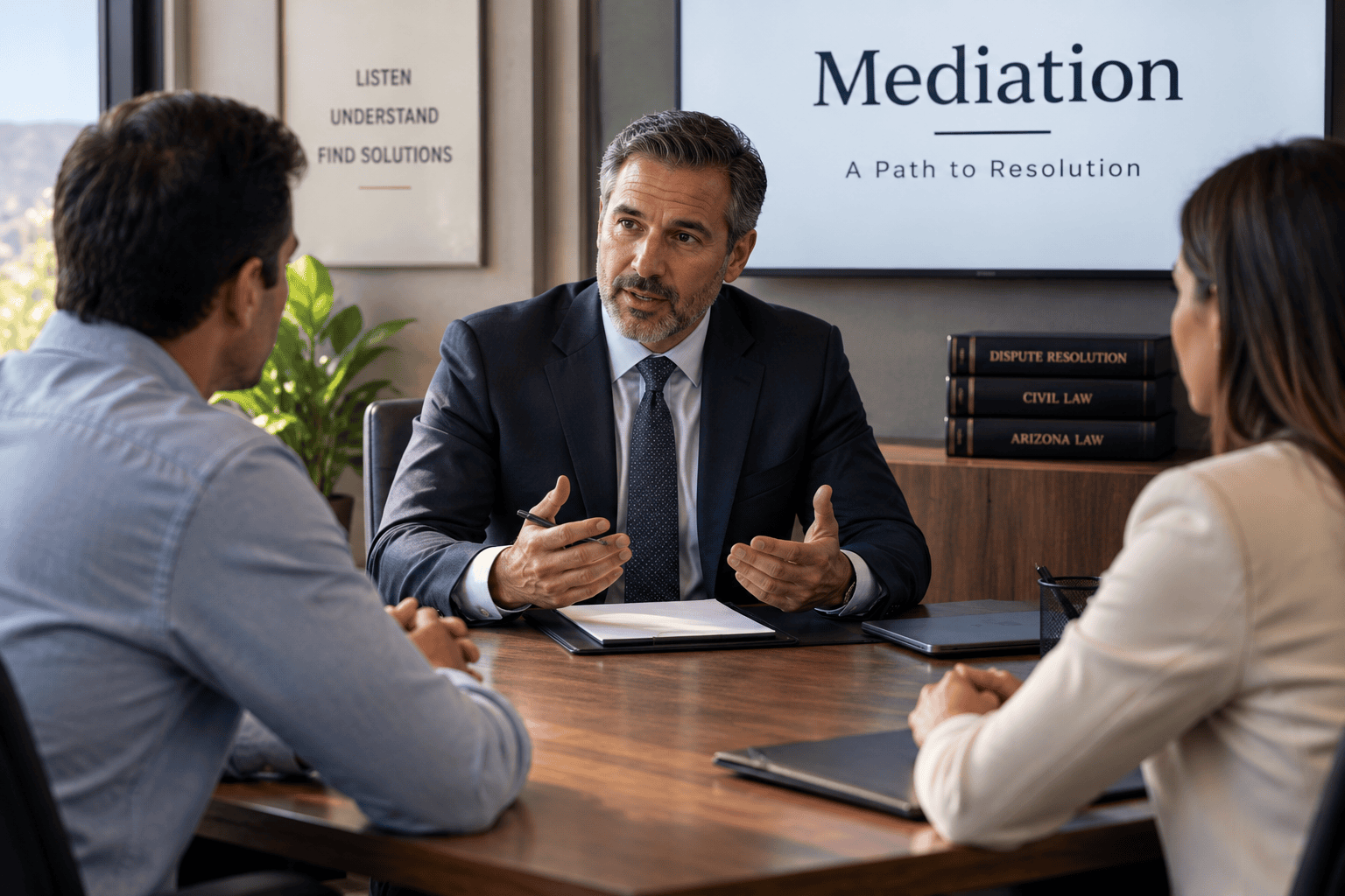 Mediador en un caso legal reunido con dos clientes para llegar a un acuerdo